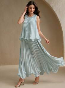 Anewsta Bộ áo hai mảnh không tay xếp nếp thanh lịch lãng mạn cho ngày lễ, tiệc tùng, hẹn hò dành cho nữ, thích hợp cho mùa xuân, mùa hè, lễ hội, tốt nghiệp - Màu xanh lam - Xem 5