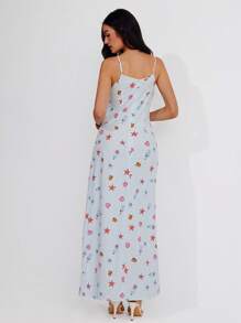 Roylia Women's Maxi Dress With Striped, Seashell, Starfish, Drifting Bottle Prints, Multicolor, Fitted, Square Neck, Spaghetti Straps, Backless, Waist Cinched, Extra-Wide Hem, Suitable For Vacation, Festival, Sexy, Elegant, Romantic, Minimalist, Casual, Commuter, Bohemian Holiday Style, Spring/Summer - Blue - View 2