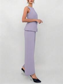 Aloruh 2 件套女士通勤新款仿口袋装饰船领西装背心和西装裤办公室装秋冬女士 - 淡紫色 - 查看 4