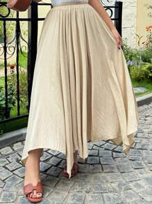 Dazy Plus Váy suông màu trơn cạp chun viền không đối xứng dáng rộng rãi thanh lịch - Màu be - Xem 7