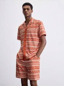 Maija 2 件套男士全印花纽扣前短袖衬衫和口袋短裤套装，夏威夷风 - 彩色 - 查看 5