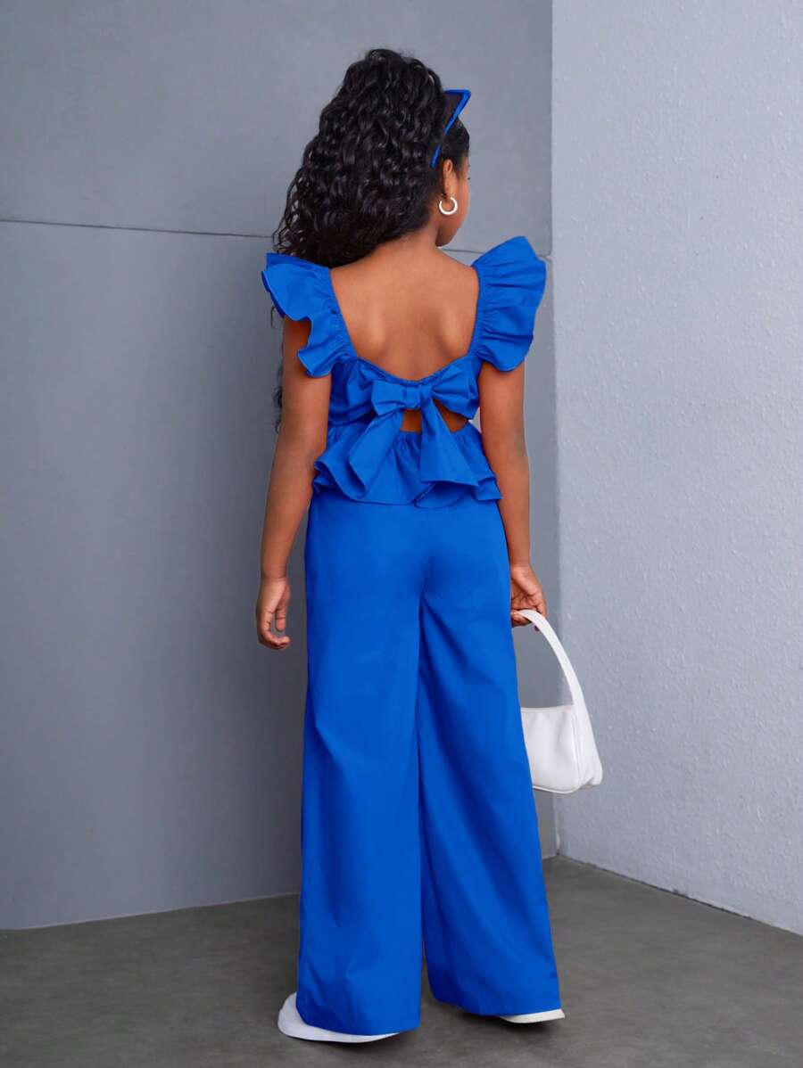 SHEIN Leap Crew 青少年女孩优雅平纹编织盖袖衬衫和裤子套装，休闲日常穿着 - 寶藍色 - 查看 1