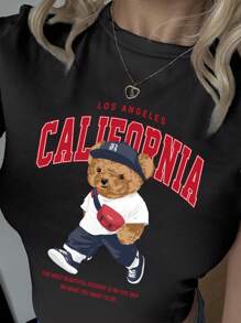 SHEIN EZwear Casual Minimalist California University Bear Graphic Round Neck Short Sleeve Crop Tight Fit T-Shirt For Women, Suitable For Summer Suitable For Going Out - Black - View 5