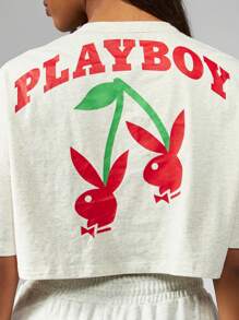 Missguided x Playboy 超大樱桃图案休闲 T 恤春夏短款上衣家居服街头风格休闲装 - 灰色 - 查看 4