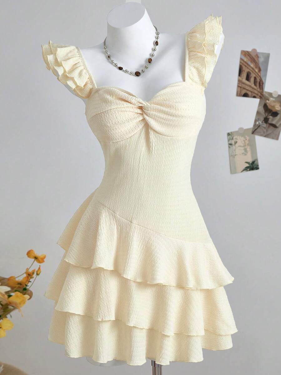 SHEIN Teen Girl Dresses, Summer Vacation, Casual, Knitted Jacquard Ruffled Hem Mini Dress