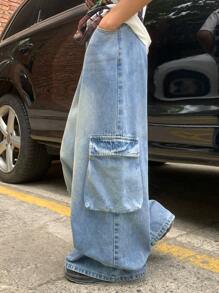 SHEIN 青少年男孩时尚休闲复古蓝色工装口袋活动带设计宽松舒适牛仔裤，柔软舒适，适合日常穿着，也适合春夏狂欢节和海滩穿着。 - 藍色 - 查看 4