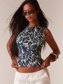 Athîral 女士节日植物印花褶皱无袖衬衫