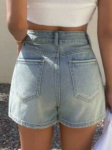 DAZY 女士宽松休闲破洞牛仔短裤 - 藍色 - 查看 6