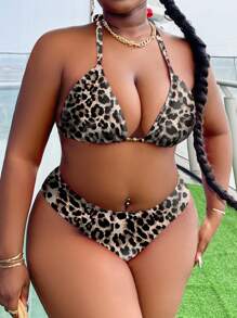 Slaydiva 2件套加大码女式豹纹吊带三点式比基尼泳装