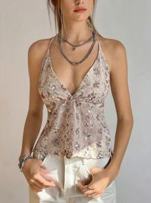 SHEIN Bubbli Women's Fashion Sequin Criss-Cross Deep V-Neck Beaded Flower Back Tie Tank Top