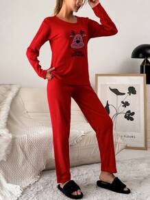 EURMUSE 100%Cotton Embroidery Cartoon & Letter Pattern Lounge Set - Red - View 5