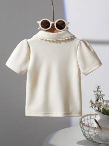 SHEIN Baby Girl Embroidery Design Short Sleeve Casual Polo Shirt, Spring/Summer Cream Baby Girl Outfit