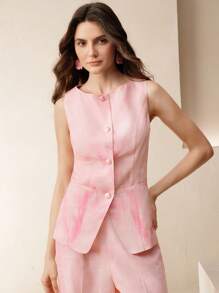 Anewsta 夏季粉色优雅花卉印花背心外套 - 粉色 - 查看 1