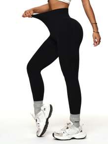 Seamluxe SHEIN Sport Leggings sin costuras de cintura alta para mujer - Pantalones de yoga con control de abdomen y levantamiento del trasero, suaves, para entrenamiento, running, ciclismo, yoga, pickleball, ejercicio y uso casual - Negro y verde - Ver 5