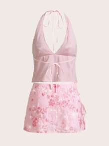 Amplova 2pcs/Set Women's Fashion Sequined Embroidered Halter Top And Mini Skirt Pink - Pink - View 2