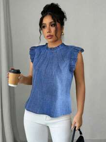Elenzga Plus Size Women Blue Linen Ruffle Hem Puff Sleeve Shirt - Blue - View 1