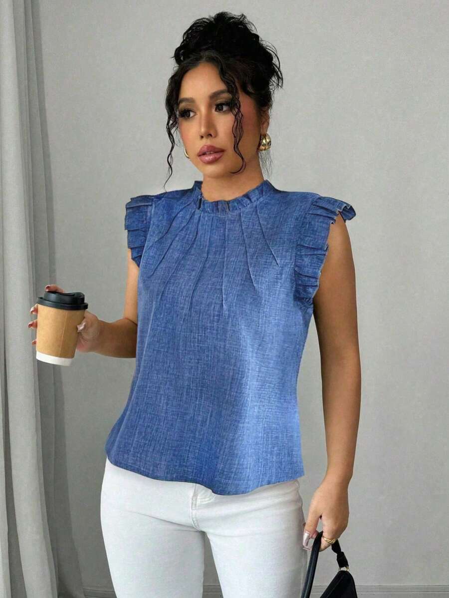 Elenzga Plus Size Women Blue Linen Ruffle Hem Puff Sleeve Shirt - Blue - View 1