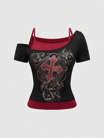 Grunge Punk Camiseta con adorno de cruz de diamantes de imitación, estilo oscuro punk para mujer