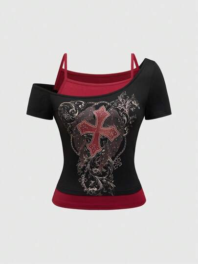 Grunge Punk T-shirt femme style punk sombre orné de strass en forme de croix