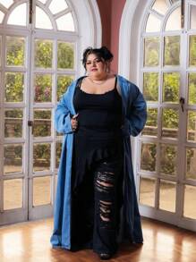 SHEIN X LOS FAVORITOS DE LA FATSHIONISTA SHEIN ICON 大码黑色休闲街头性感酷炫破洞宽松阔腿牛仔裤，返校休闲夏季舒适款 - 黑色 - 查看 2