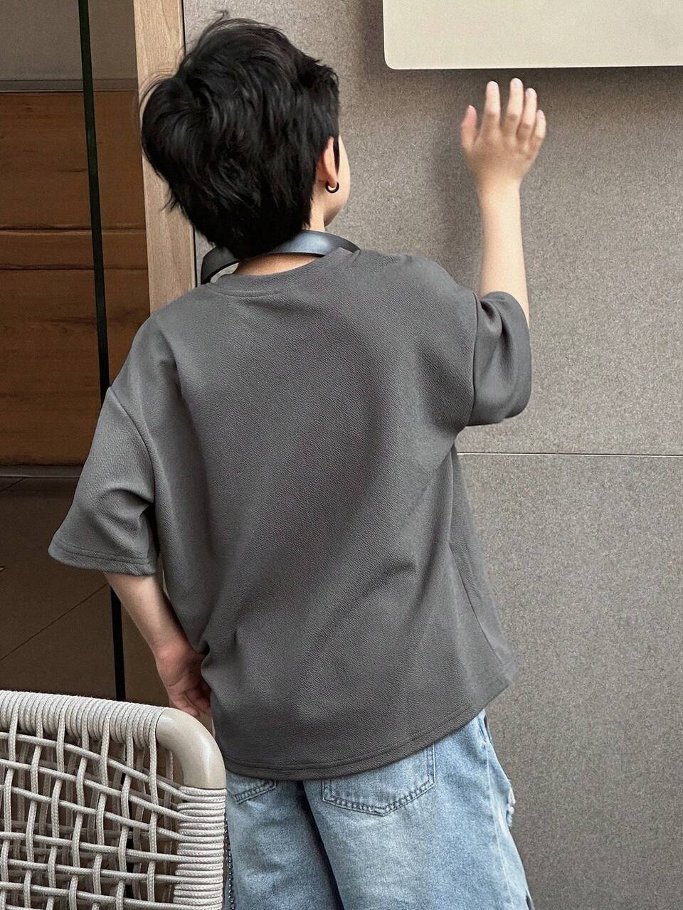 Tween Boy Slogan Print Round Neck Drop Shoulder Casual T-Shirt