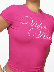 SUMWON WOMEN Video Vixen Baby Tee Fitted Crop Top Y2k Fashion Statement Graphic Print Short Sleeve Summer Festival Streetwear - Hot Pink - View 5