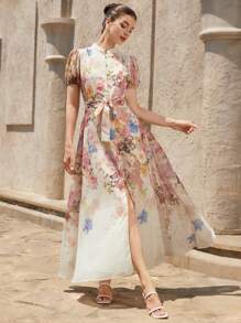 Aveloria Rosie 雪纺花卉印花腰带修身喇叭形春夏假日短袖连衣裙 - 彩色 - 查看 2