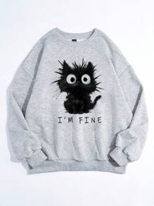 SHEIN EZwear Casual Minimalist Printed Cute Funny Fluffy Kitten & Letter Graphic Loose Crew Neck Long Sleeve Hoodie Sweatshirt For Women, Suitable For Spring Break, Y2K Style Autumn And Winter - Light Grey - View 4