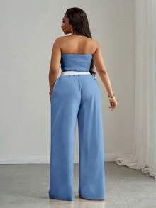 Slaydiva Bộ đồ đôi mùa hè dành cho nữ cỡ lớn, gồm áo quây croptop phối màu sau lưng và quần ống rộng có túi xéo, màu xanh dương nhạt, màu xanh nhạt, bộ đồ đôi màu xanh dương thanh lịch. - Màu xanh lam - Xem 5