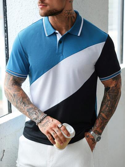 Manfinity Homme Men's Summer Casual Colorblock Patchwork Short Sleeve Polo Shirt
