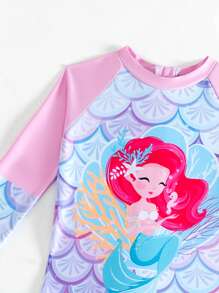 SHEIN 女童泳衣 女宝宝连体泳衣 长袖长裤泳衣 可爱卡通美人鱼涤纶数码印花紫色渐变鱼鳞印花连体泳衣 婴儿泳衣女孩