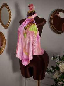 Amplova Floral Print Pleated Asymmetric Hem Tank Top - Multicolor - View 1