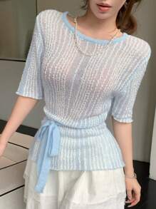 DAZY Women's Contrast Color Crochet Hollow Out Lace Mesh Pullover Short Sleeve Knitted Top With Tie Details, Spring/Summer - Blue - View 12