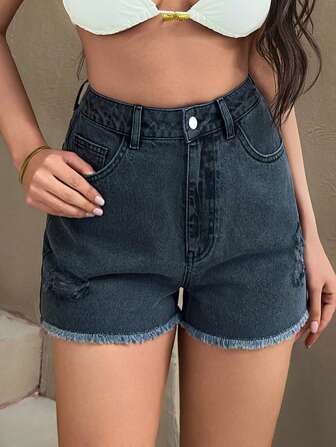 SHEIN Short en jean délavé style casual à taille haute, déchiré et effiloché