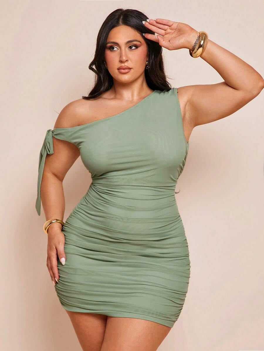 SHEIN BAE Váy ôm sát vai nhún bèo bất đối xứng cỡ lớn dành cho nữ, thích hợp cho các buổi hẹn hò, đi chơi, ngày lễ tình nhân mùa hè - Màu xanh Bạc hà - Xem 1