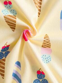 3 件套女婴可爱数码印花冰淇淋和纯色/数码樱桃连体衣短袖拉链连体衣配短裤，适合春夏季的舒适休闲装 - 彩色 - 查看 5