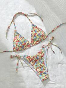 SHEIN Swim 女士碎花吊带前系性感比基尼套装，夏季沙滩泳衣 - 彩色 - 查看 6