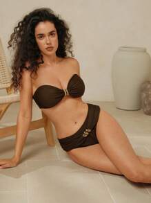 Swim Chiccia 3 件套女士夏季海滩纯色无袖可拆卸肩带金属饰边装饰背心和比基尼短裤搭配迷你裙 - 高级泳装套装