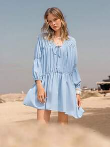 Lumivelle Vestido casual para mujer de color liso con escote en V, plisado y lazo - Celeste - Ver 1