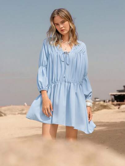 Lumivelle Plain Color V-Neck Pleated Bowknot Casual Dress For Women