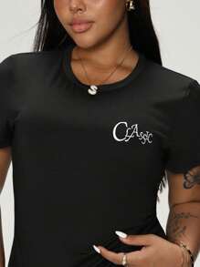 Rhythm Era 2pcs Women Casual Fitted Short Sleeve Top And Skinny Leggings Set, For Spring/Summer, Plus Size Sports Outfit