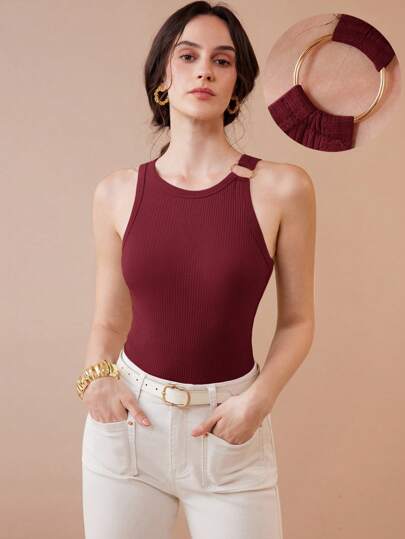 Uhlyne Uhlyne Maiou pentru femei, textură tricotată, minimalist, elegant, casual, metalic, circular, cu gol, cu spate sexy, roșu, casual business, ținută de lucru, birou, profesoară