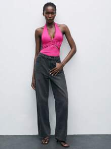 Maija Women's Black Laser Cut Waist Design Cruise Travel Bodysuit, Hollow-Out V-Neck Pleated Backless Sexy Summer Beach Dress,One Piece Swimsuit