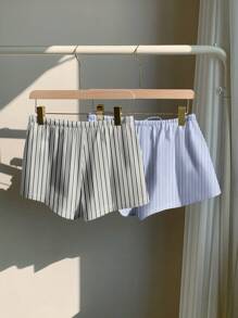 Comfortcana Bộ 2 quần short thắt nút đơn giản cho nữ, phù hợp cho mùa hè, họa tiết sọc - Nhiều màu - Xem 2