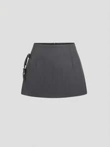 Sweetra A-Line Mini Skirt With Bowknot Waist & Side Slit For Women, Stylish Design, Spring/Summer - Dark Grey - View 7