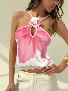 Aloruh 女士印花3D花朵装饰时尚吊带上衣，适合度假穿着