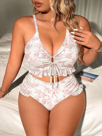 加大码浪漫天使花卉印花荷叶边分体比基尼套装