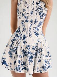 Glamine Apricot Floral Retro Preppy Elegant Sleeveless Woven Button Lace Hem A-Line Mini Dress Princess Dress, Blue Floral Print, Suitable For Spring/Summer - Navy Blue - View 5
