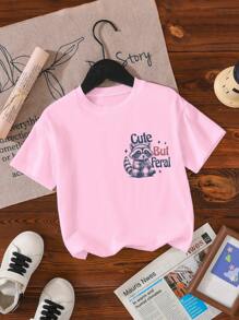 SHEIN GraphicGems Casual schattig wasbeer- en slogan-bedrukt T-shirt met korte mouwen voor jonge meisjes, mode en comfortabel voor de lente/zomer