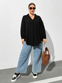 SHEIN Essnce 大码女装秋冬休闲宽松舒适V领黑色长袖衬衫，秋季女装，女式衬衫，曲线上衣，复古风，黑色上衣，商务休闲女装，办公室女装，女式服装，女式上衣，返校节，教师，工作上衣 - 黑色 - 查看 4